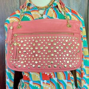 NWOT Frosting by Mary Norton Pink baguette, with tassels and Gold interior